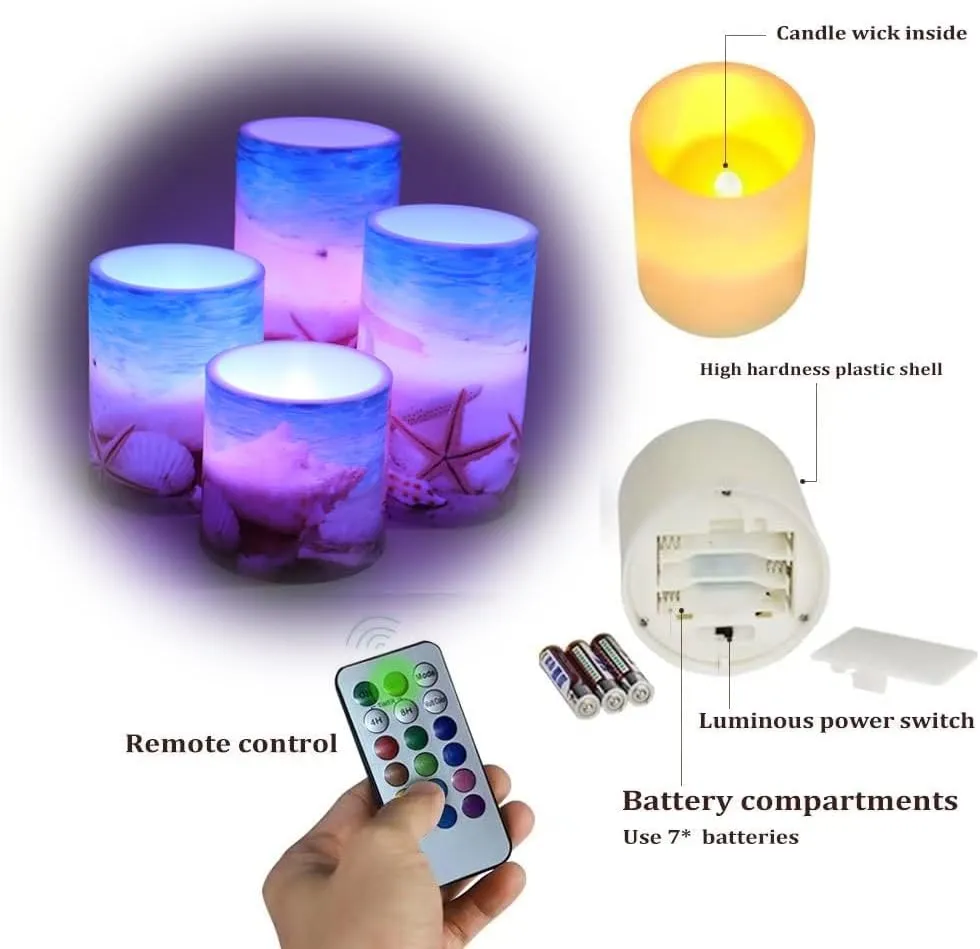 Shell Beach Blue Flameless Led Candles Bulk with Timer Remote Blue Pillar Candles Battery Operated Flickering Light for Gift Party Sweet Home Decor