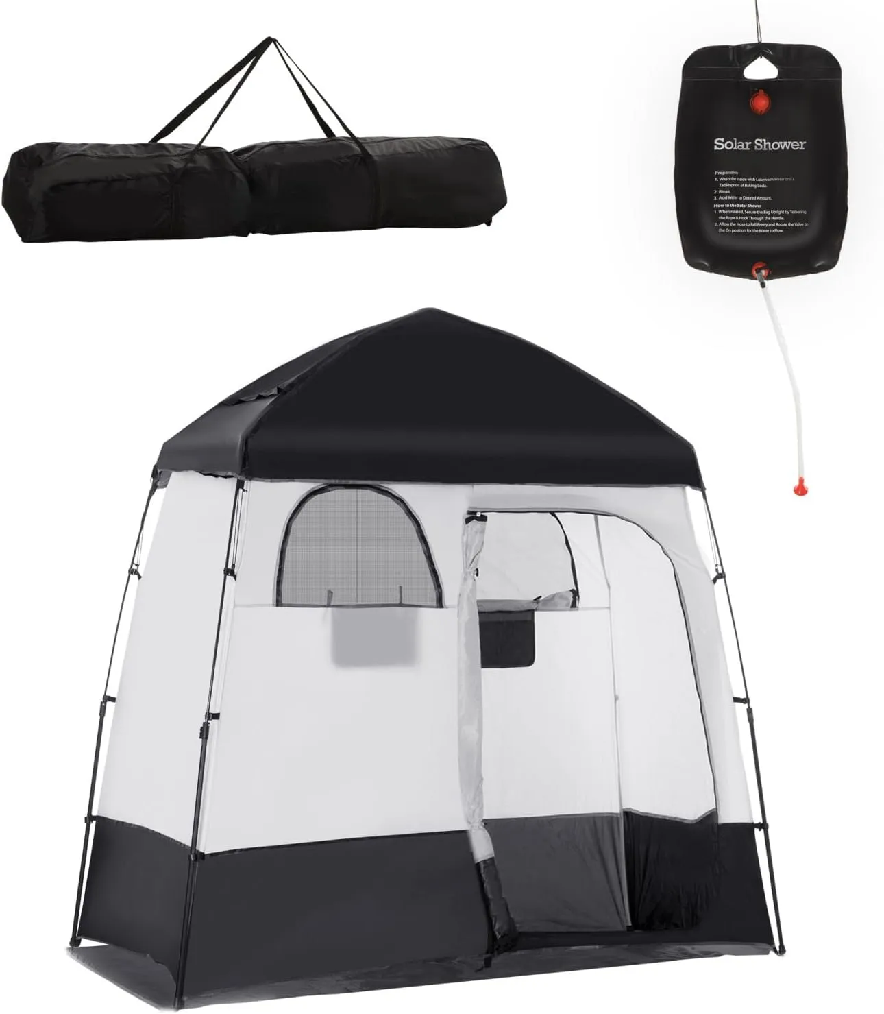 Shower Tent, Pop Up Privacy Shelter for Camping, Dressing Changing Room, Portable Instant Outdoor Shower Tent Enclosure w/ 2 Rooms, Shower Bag, Floor and Carrying Bag, Black