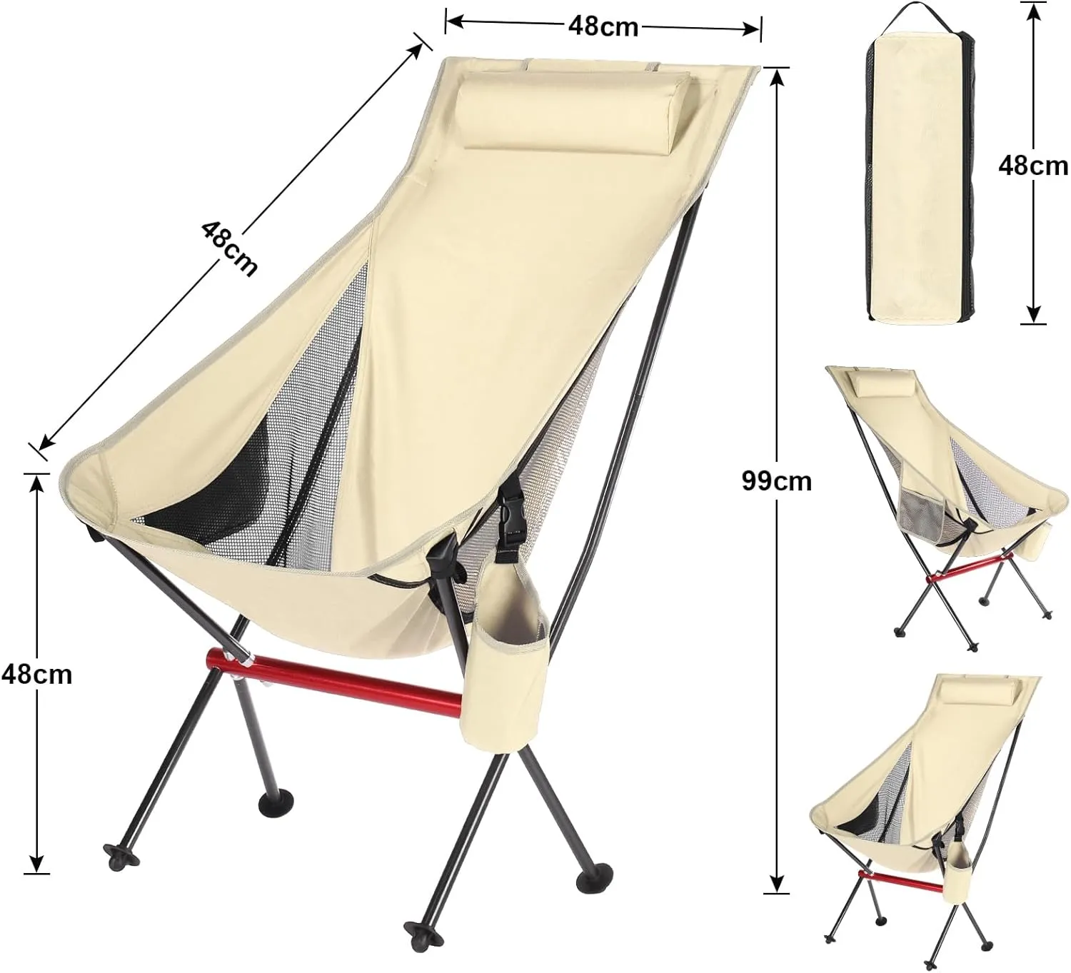 ShowyLive Camping Chair Portable Folding Lightweight Outdoor Compact Backpack Chair with Cup Holder Heavy Duty for Hiking, Beige