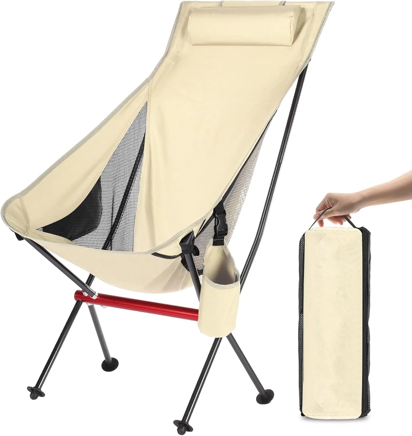 ShowyLive Camping Chair Portable Folding Lightweight Outdoor Compact Backpack Chair with Cup Holder Heavy Duty for Hiking, Beige
