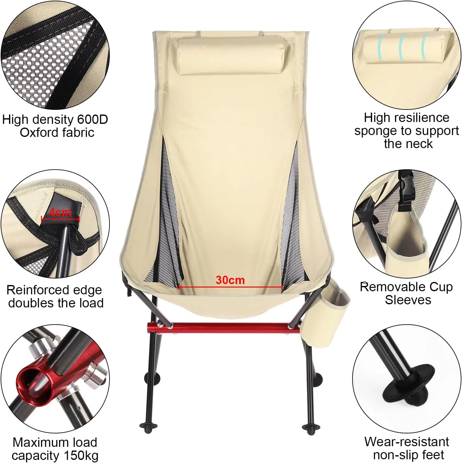 ShowyLive Camping Chair Portable Folding Lightweight Outdoor Compact Backpack Chair with Cup Holder Heavy Duty for Hiking, Beige