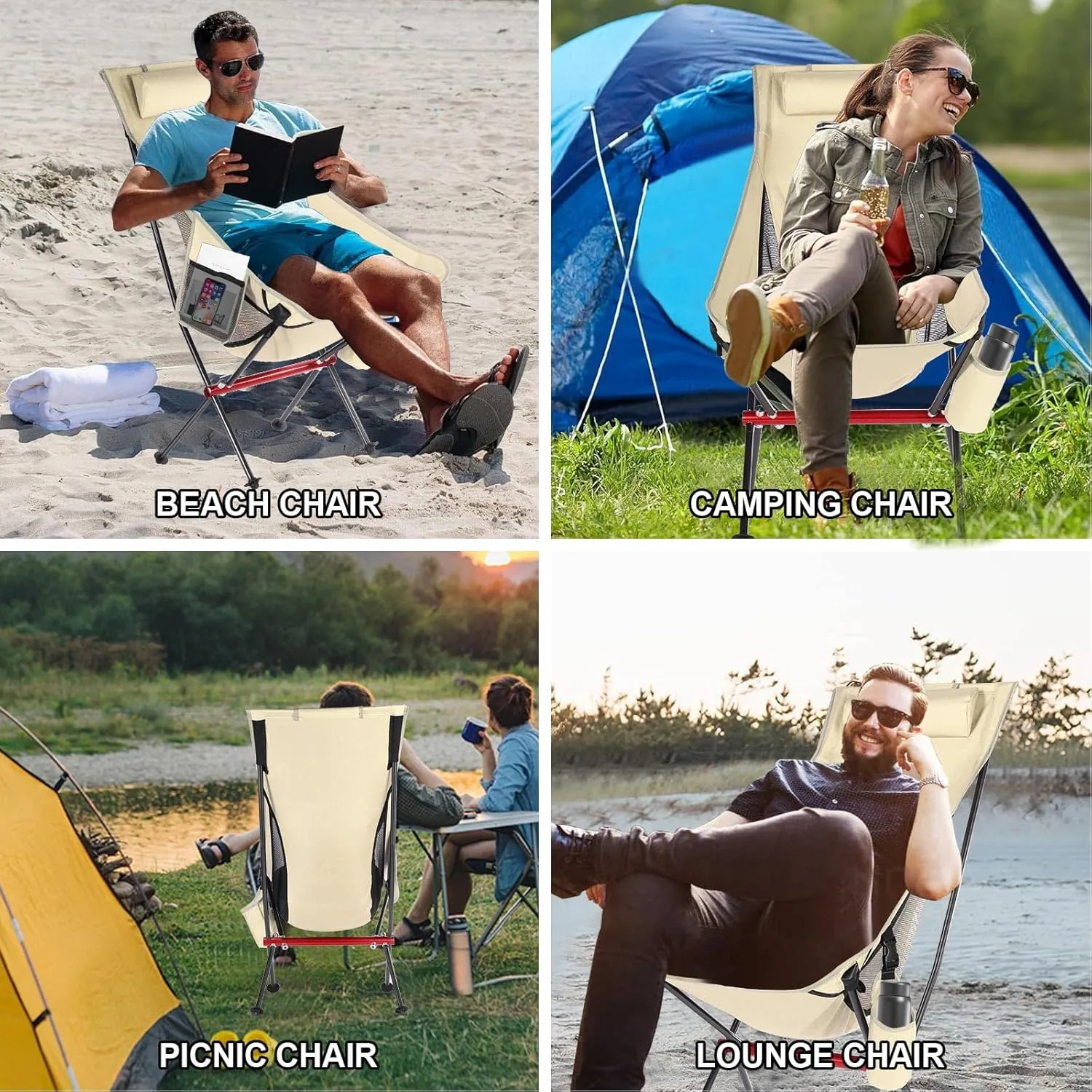 ShowyLive Camping Chair Portable Folding Lightweight Outdoor Compact Backpack Chair with Cup Holder Heavy Duty for Hiking, Beige