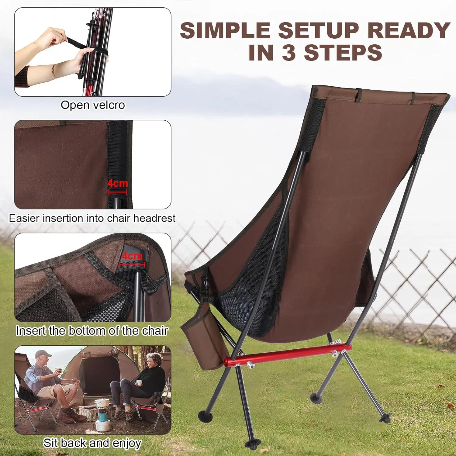 ShowyLive Camping Chair Portable Folding Lightweight Outdoor Compact Backpack Chair with Cup Holder Heavy Duty for Hiking, Brown