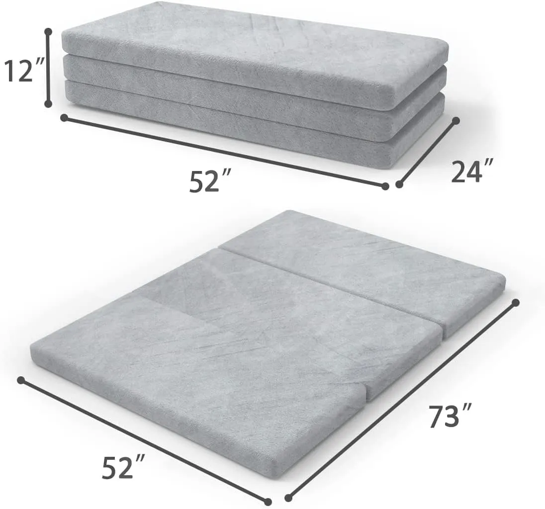 SINWEEK Tri Folding Mattress with Storage Bag 4" Foldable Mattress Foam Topper Floor Cot, Guest Bed with Machine Washable Cover and Waterproof Lining, CertiPUR-US Certified 52 x 73 Inch