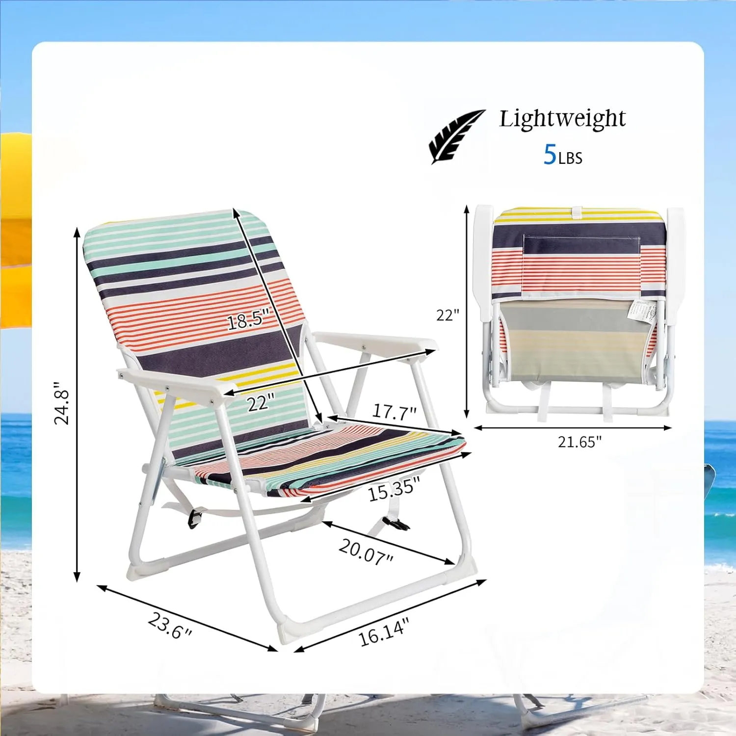 Small Beach Chair for Ladies,Portable Folding Camping Chairs Patio Dining Chairs with Pocket,Lightweight Outdoor Lawn Chair Fishing Chair Backpack Chair,Support 200 Lbs,22"" x 23.6"" x 24.8""