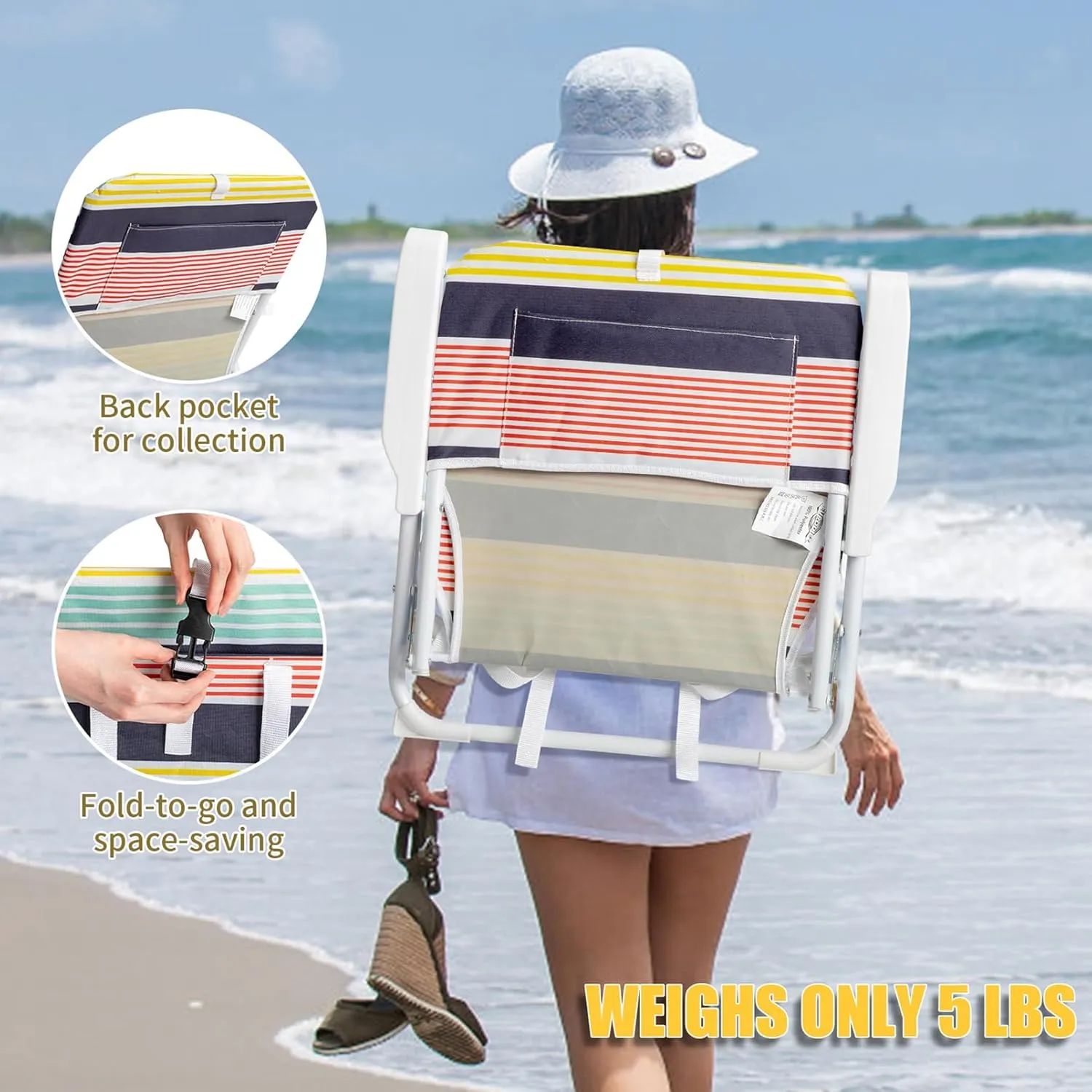Small Beach Chair for Ladies,Portable Folding Camping Chairs Patio Dining Chairs with Pocket,Lightweight Outdoor Lawn Chair Fishing Chair Backpack Chair,Support 200 Lbs,22"" x 23.6"" x 24.8""