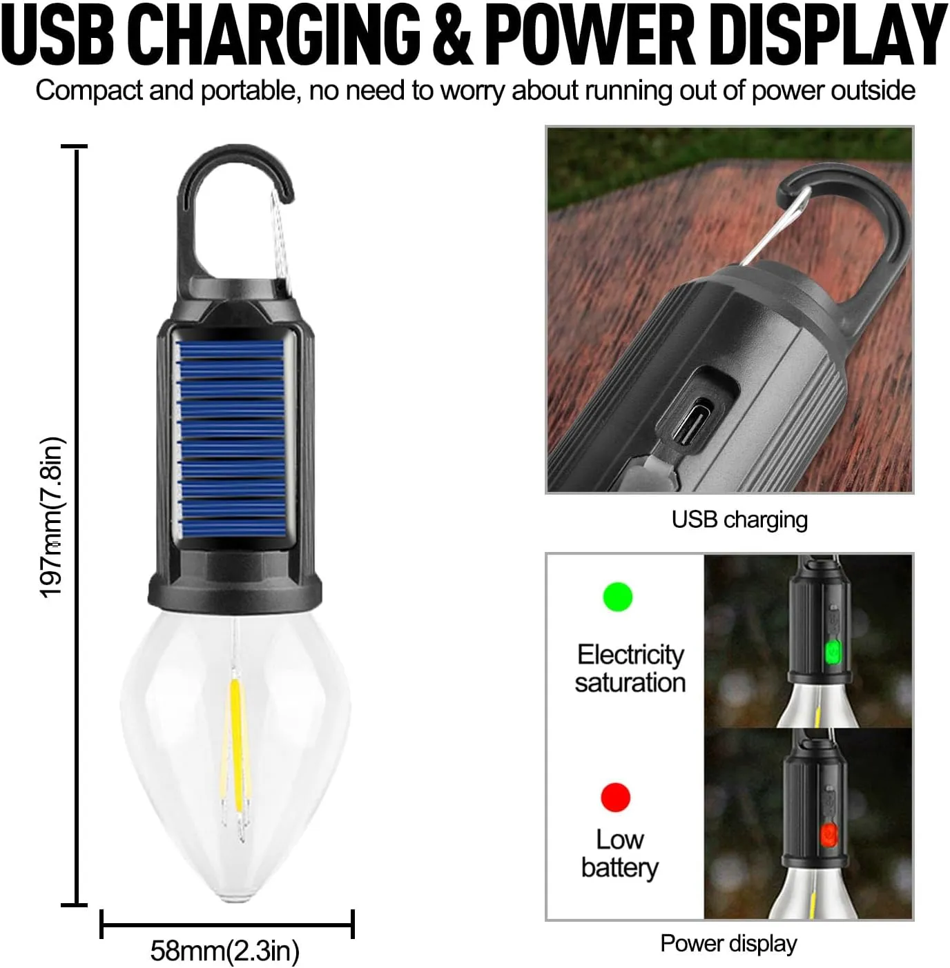 Solar Tent Camping Light Bulb Rechargeable Portable LED Camping Lantern3 Lighting Modes Tungsten Light Tent Lamp with Clip Hook for Camping, Hiking, Backpacking, Emergency Outage (T03)