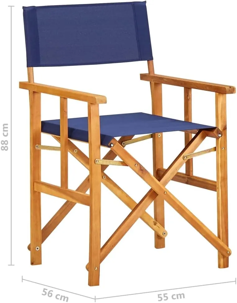 Solid Acacia Wood Folding Director's Chair Natural Blue Outdoor Lounge Chair with Durable Polyester Fabric for Camping Beach Patio Furniture Foldable Portable Design