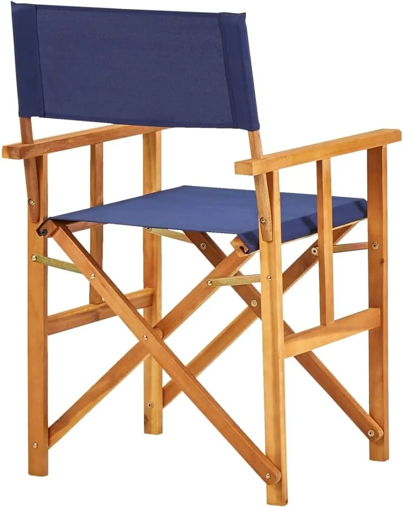 Solid Acacia Wood Folding Director's Chair Natural Blue Outdoor Lounge Chair with Durable Polyester Fabric for Camping Beach Patio Furniture Foldable Portable Design