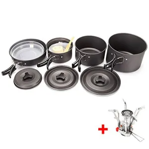 SOMINE OUTDOOR CAMPING COOKING POT SETS INCLUDES A STOVE PORTABLE HARD ANODIZED ALUMINUM COOKWARE BOWL POT PAN KITS FOR BACKPACKING / HIKING / BBQ/PICNIC CAMPING