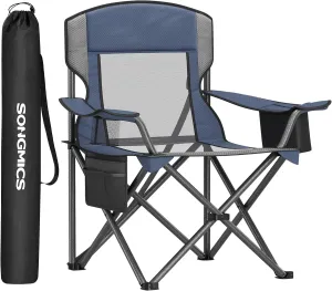 SONGMICS Camping Chair, Folding Lawn Chair with Cooler Bag, 352 lb Weight Capacity, Adjustable Armrests with Cup Holder, Storage Bag, Breathable Nylon Mesh, for Sports Games, Harbor Blue UGCB060Q01