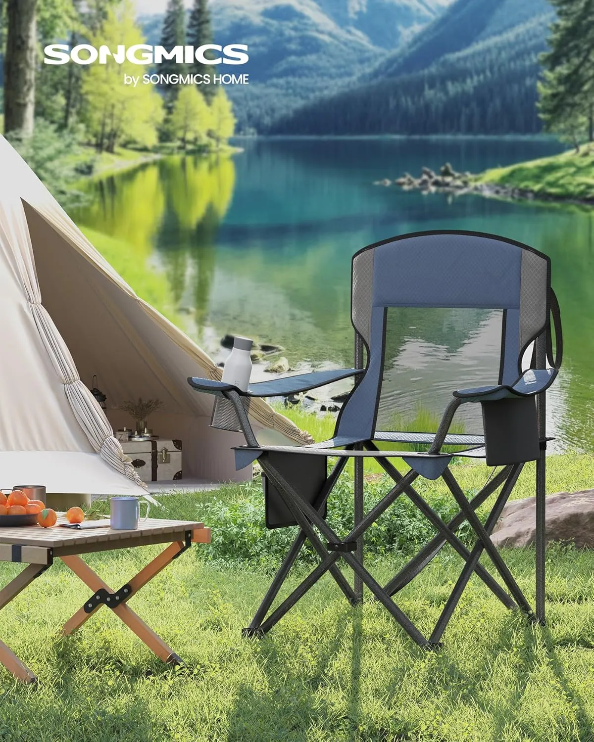 SONGMICS Camping Chair, Folding Lawn Chair with Cooler Bag, 352 lb Weight Capacity, Adjustable Armrests with Cup Holder, Storage Bag, Breathable Nylon Mesh, for Sports Games, Harbor Blue UGCB060Q01