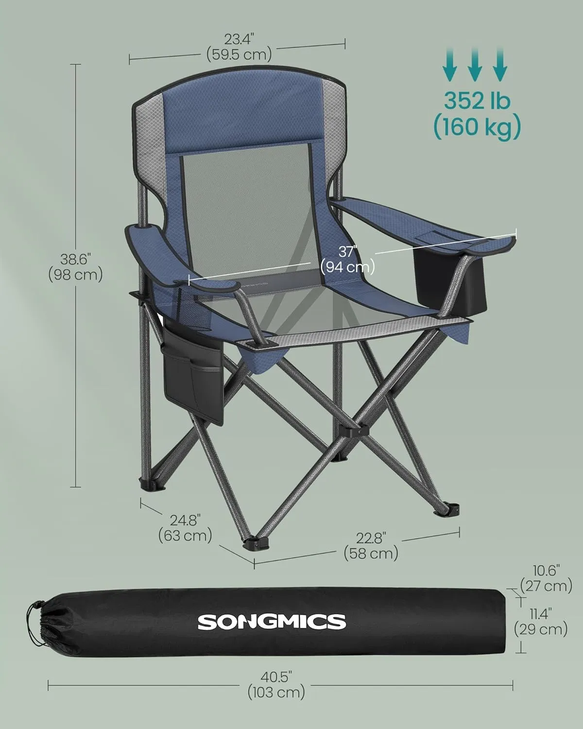 SONGMICS Camping Chair, Folding Lawn Chair with Cooler Bag, 352 lb Weight Capacity, Adjustable Armrests with Cup Holder, Storage Bag, Breathable Nylon Mesh, for Sports Games, Harbor Blue UGCB060Q01