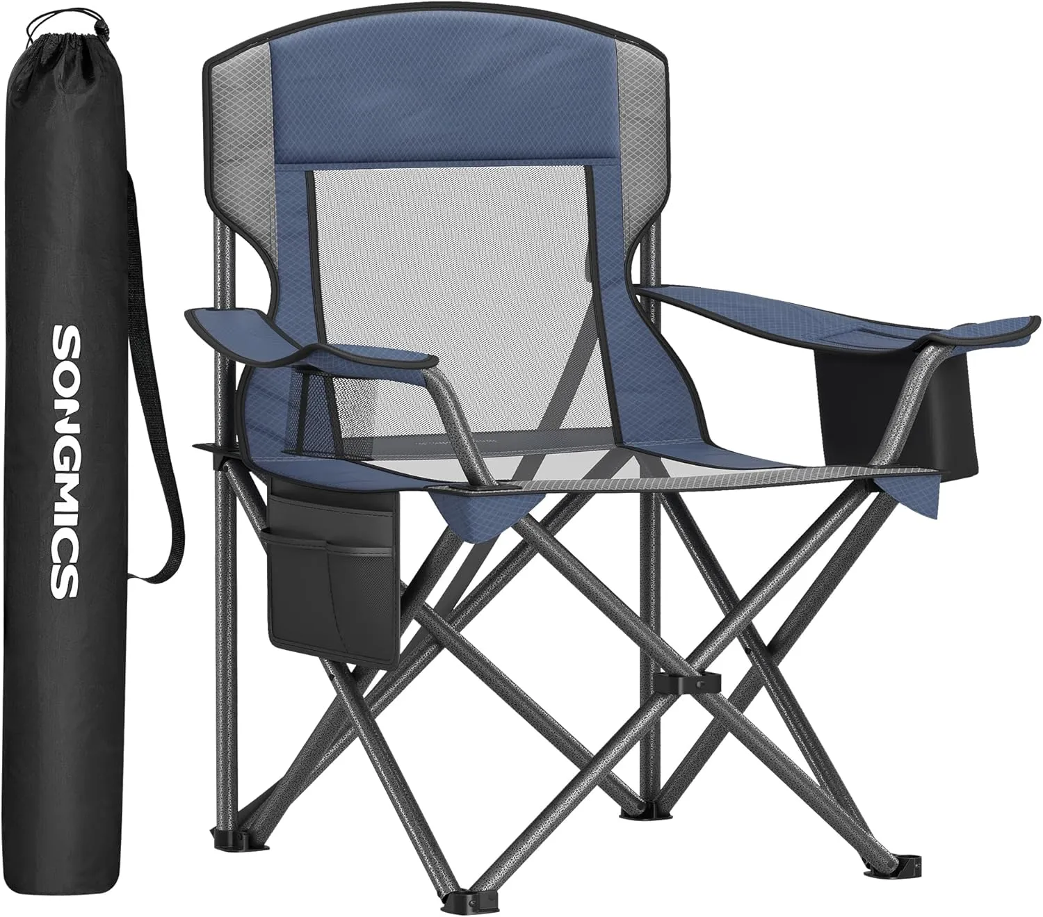 SONGMICS Camping Chair, Folding Lawn Chair with Cooler Bag, 352 lb Weight Capacity, Adjustable Armrests with Cup Holder, Storage Bag, Breathable Nylon Mesh, for Sports Games, Harbor Blue UGCB060Q01