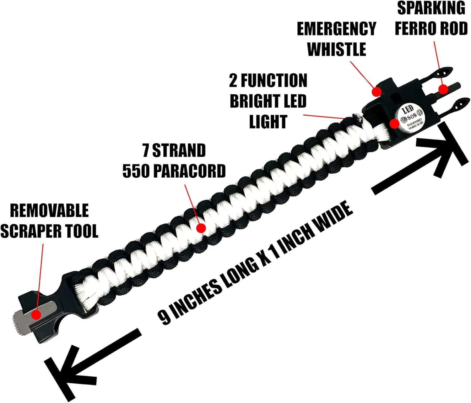 Spark and Shine Paracord Bracelet - Red Line - Bright LED SOS Light and Ferro Rod with Scraping Tool - Emergency Survival Whistle - 550 Paracord - Perfect Tool for The Outdoors (5)