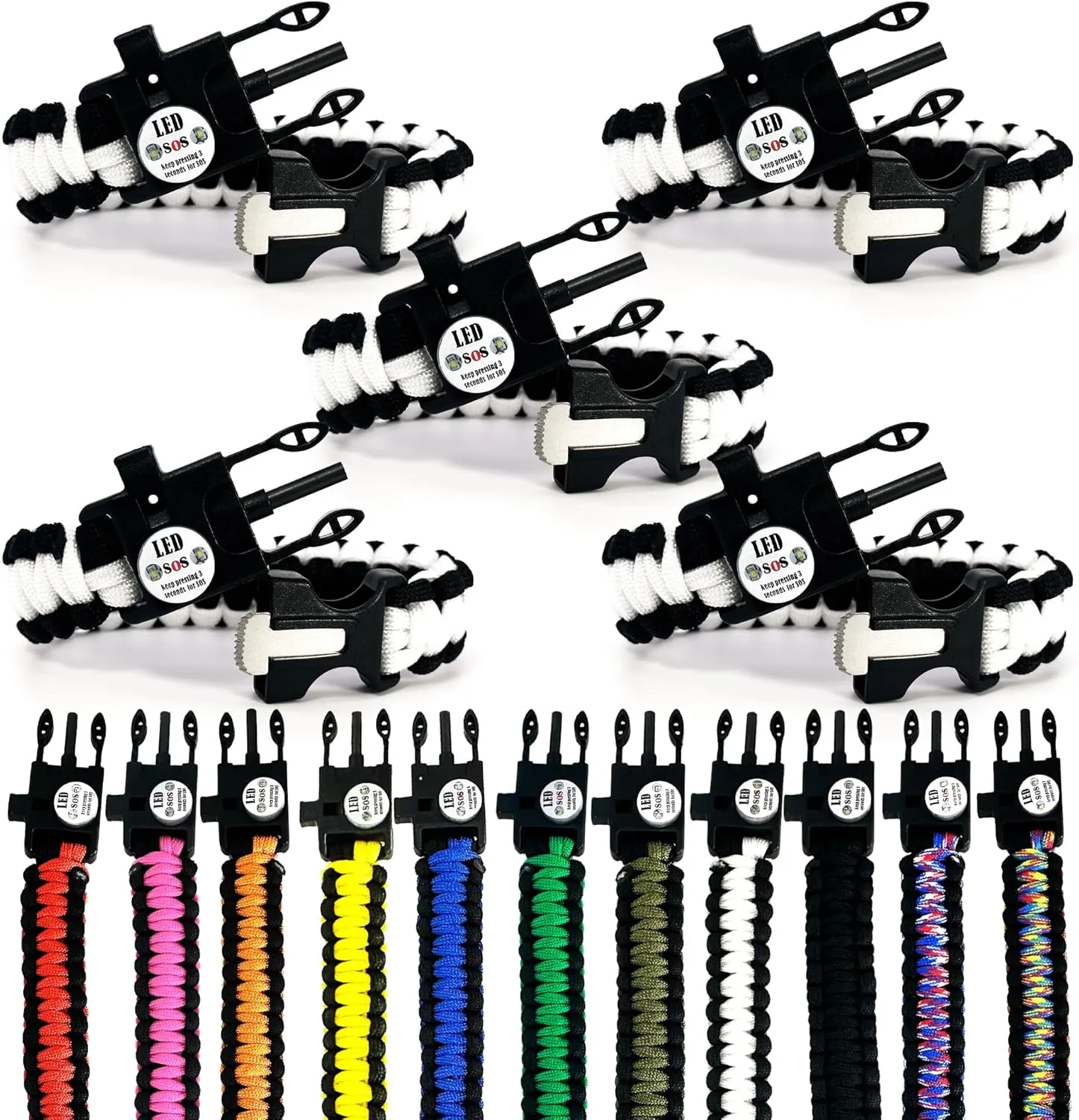 Spark and Shine Paracord Bracelet - Red Line - Bright LED SOS Light and Ferro Rod with Scraping Tool - Emergency Survival Whistle - 550 Paracord - Perfect Tool for The Outdoors (5)