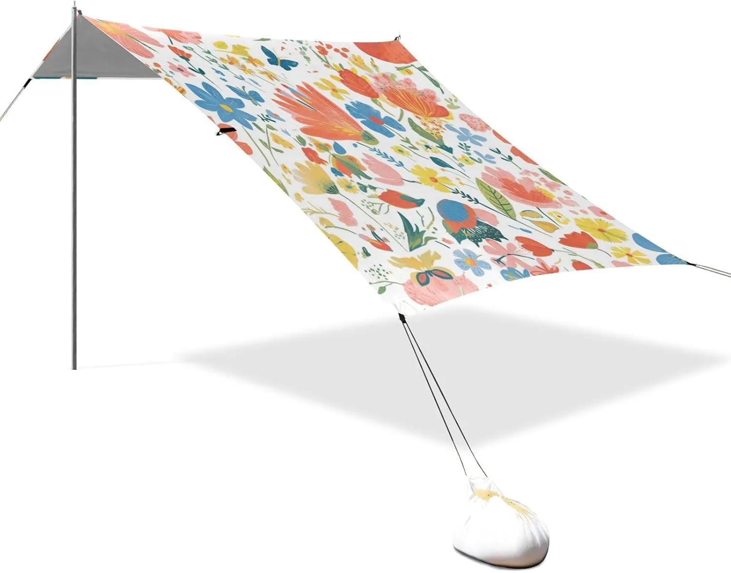 Spring Flowers Butterflies Designed UPF50  Protection Foldable Beach Cabana Lightweight Large Sun Shade with Sand Shovel, Sandbags for Backyard, Grassland, Park carpas para el sol