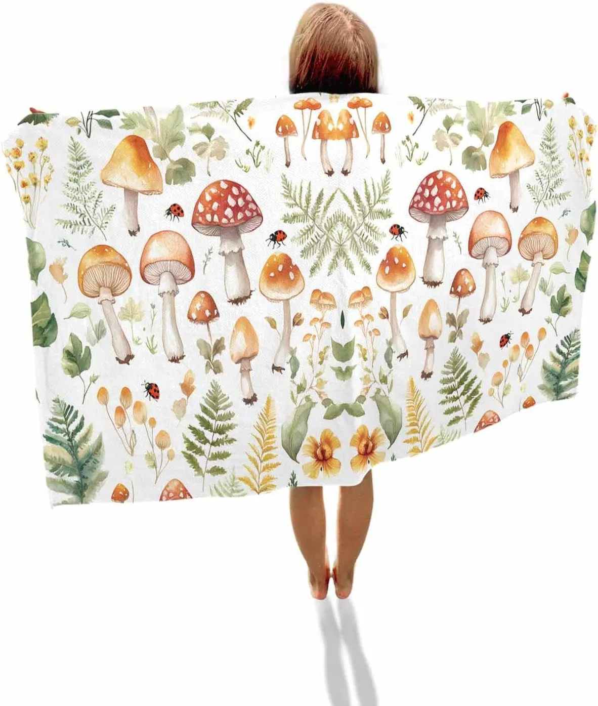 Spring Mushroom Microfiber Beach Towel Watercolor Leaf Absorbent Quick Dry Beach Towels for Kids Women Adults Ladybug Sand Proof Travel Pool Swimming Camping Blanket 31x62 Inch