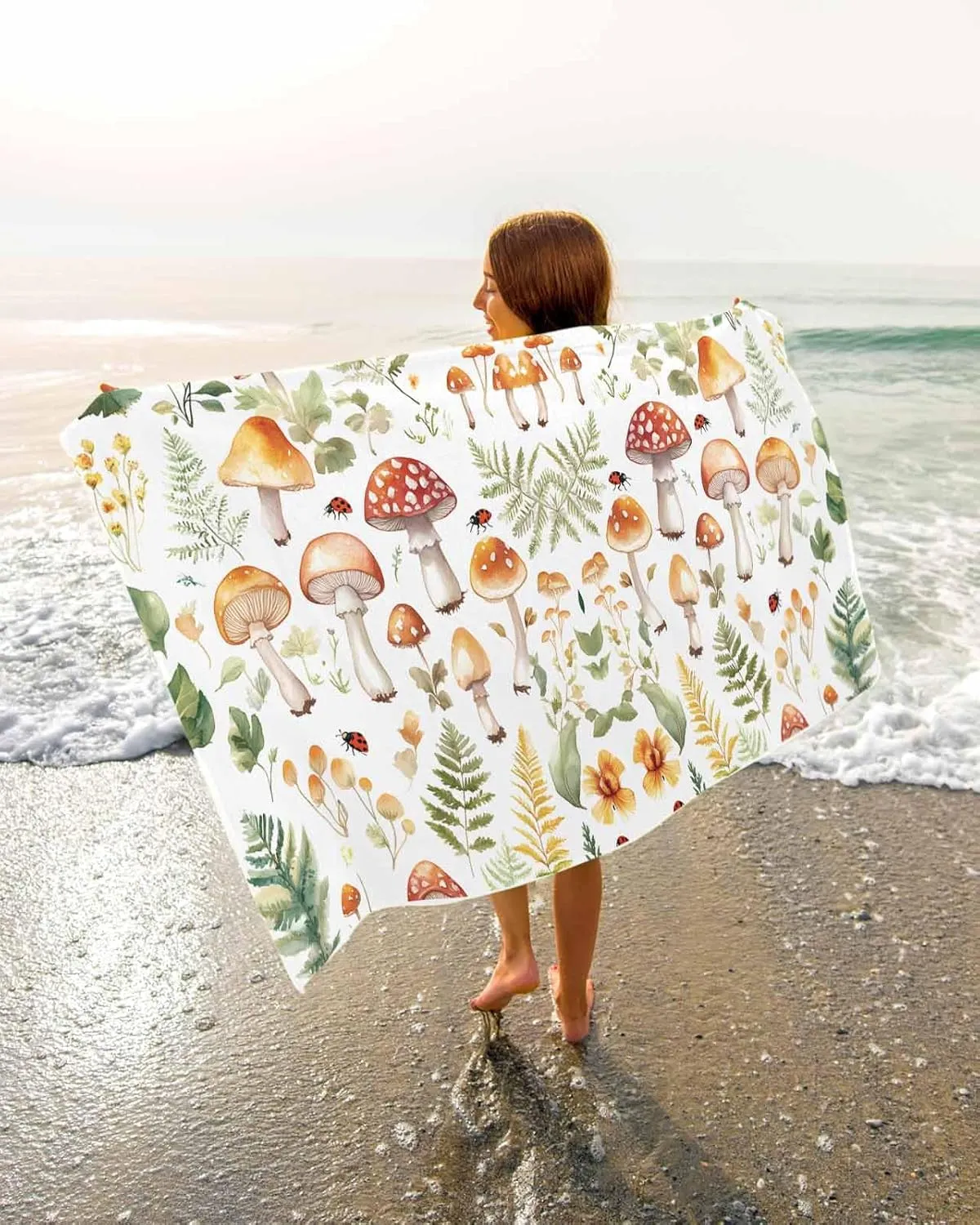 Spring Mushroom Microfiber Beach Towel Watercolor Leaf Absorbent Quick Dry Beach Towels for Kids Women Adults Ladybug Sand Proof Travel Pool Swimming Camping Blanket 31x62 Inch