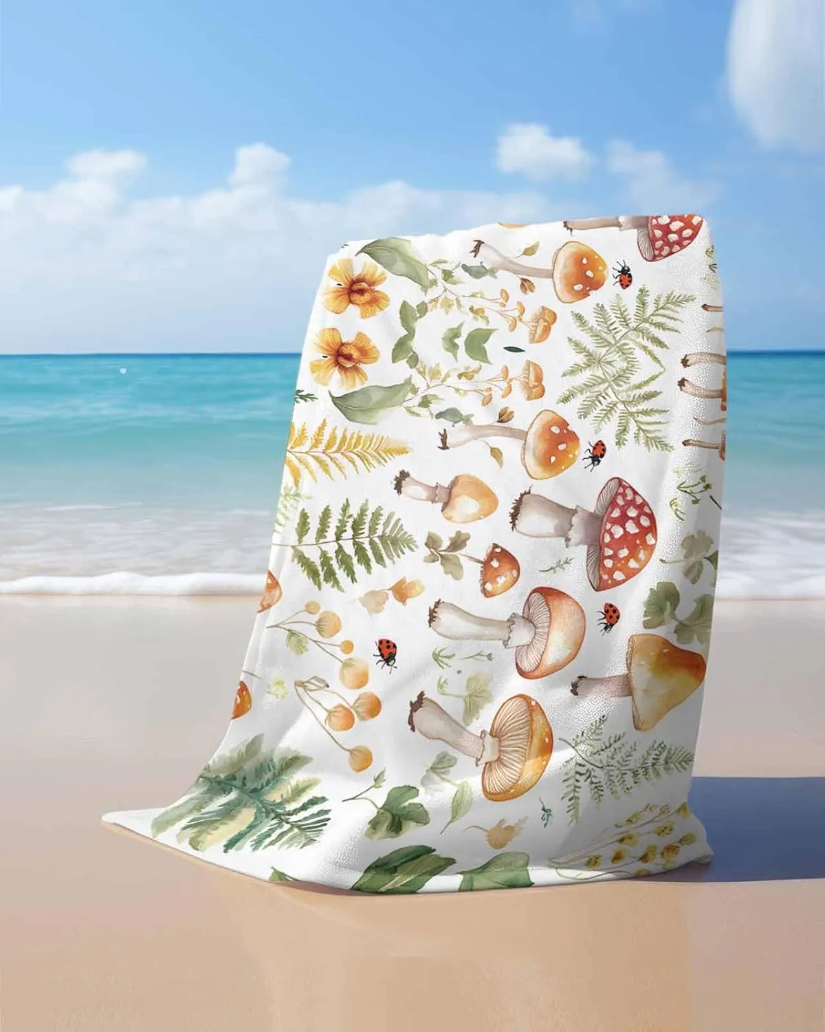 Spring Mushroom Microfiber Beach Towel Watercolor Leaf Absorbent Quick Dry Beach Towels for Kids Women Adults Ladybug Sand Proof Travel Pool Swimming Camping Blanket 31x62 Inch