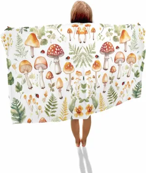 Spring Mushroom Microfiber Beach Towel Watercolor Leaf Absorbent Quick Dry Beach Towels for Kids Women Adults Ladybug Sand Proof Travel Pool Swimming Camping Blanket 31x62 Inch
