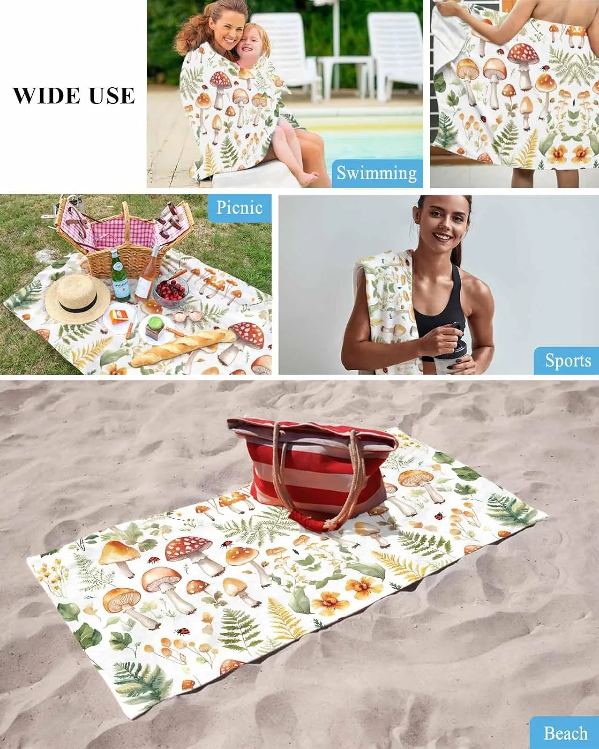 Spring Mushroom Microfiber Beach Towel Watercolor Leaf Absorbent Quick Dry Beach Towels for Kids Women Adults Ladybug Sand Proof Travel Pool Swimming Camping Blanket 31x62 Inch