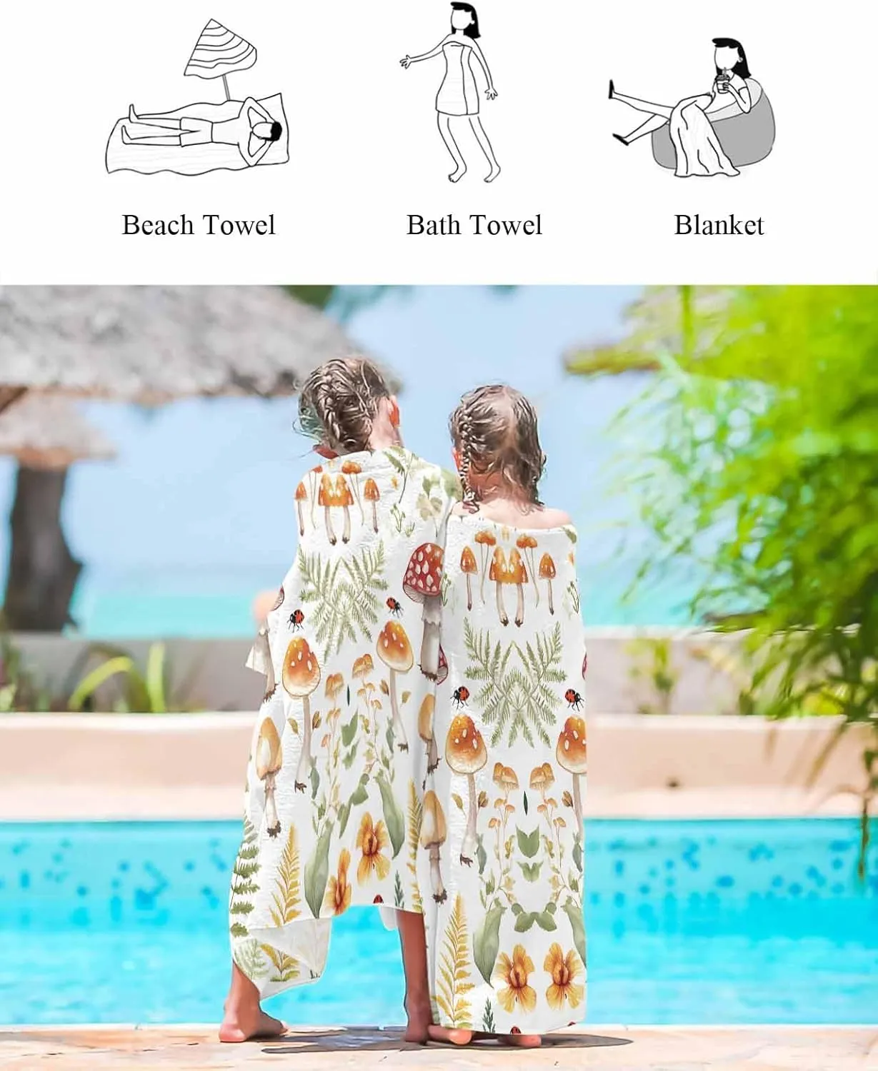 Spring Mushroom Microfiber Beach Towel Watercolor Leaf Absorbent Quick Dry Beach Towels for Kids Women Adults Ladybug Sand Proof Travel Pool Swimming Camping Blanket 31x62 Inch