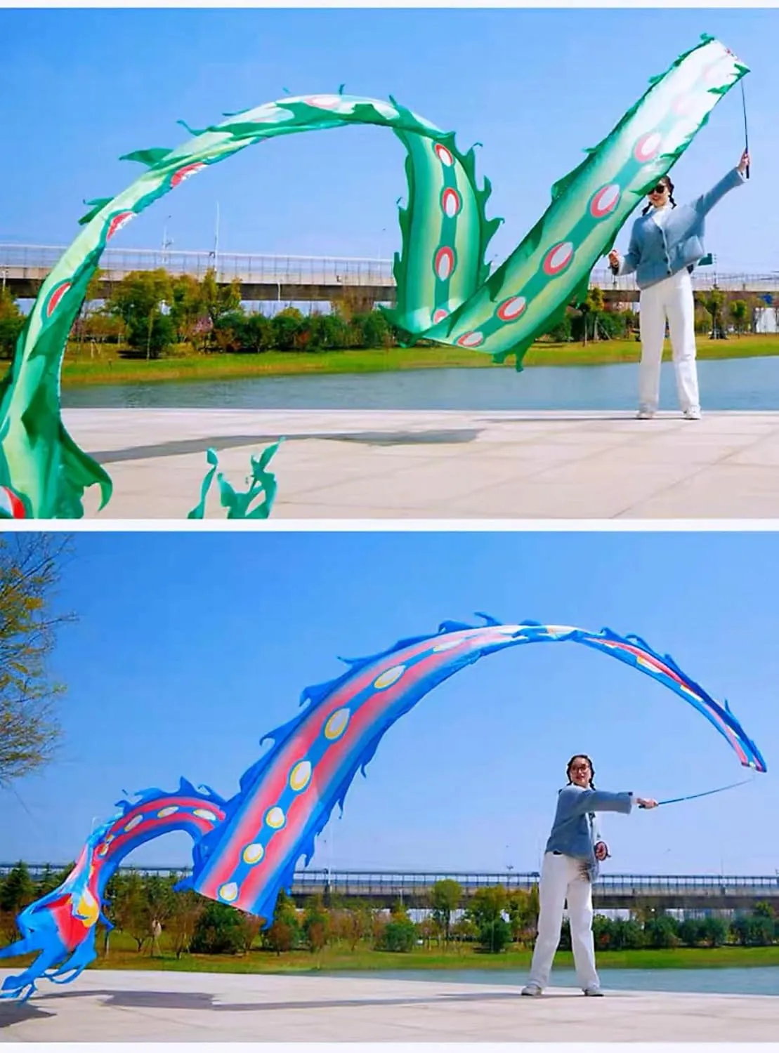 Square Exercise Dance Outdoor Flinging Fitness Dragon POI Wu Long 3D Real-Like Dragon Ribbon Streamer Set (19.6ft, Fire Phoenix)
