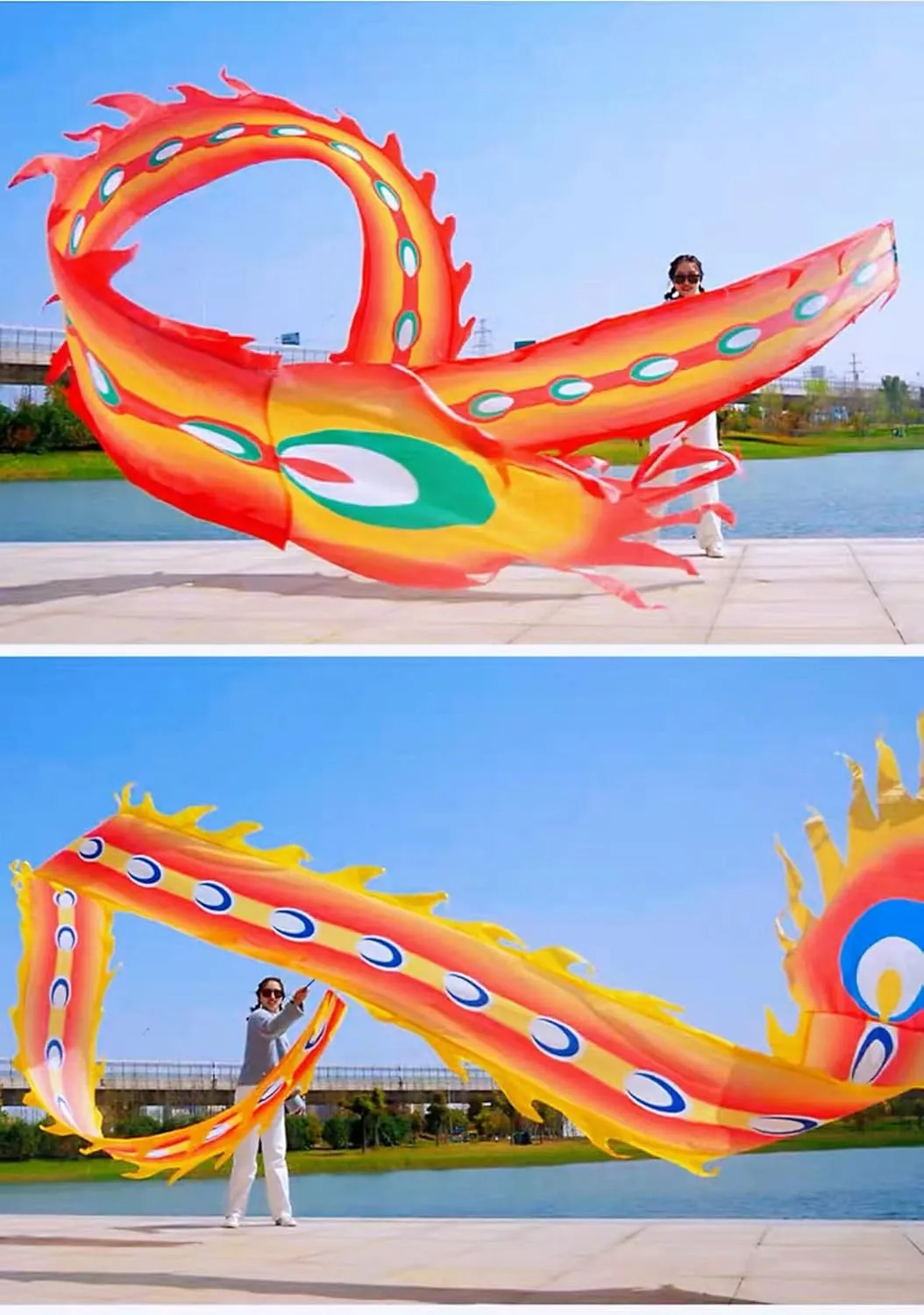 Square Exercise Dance Outdoor Flinging Fitness Dragon POI Wu Long 3D Real-Like Dragon Ribbon Streamer Set (19.6ft, Fire Phoenix)