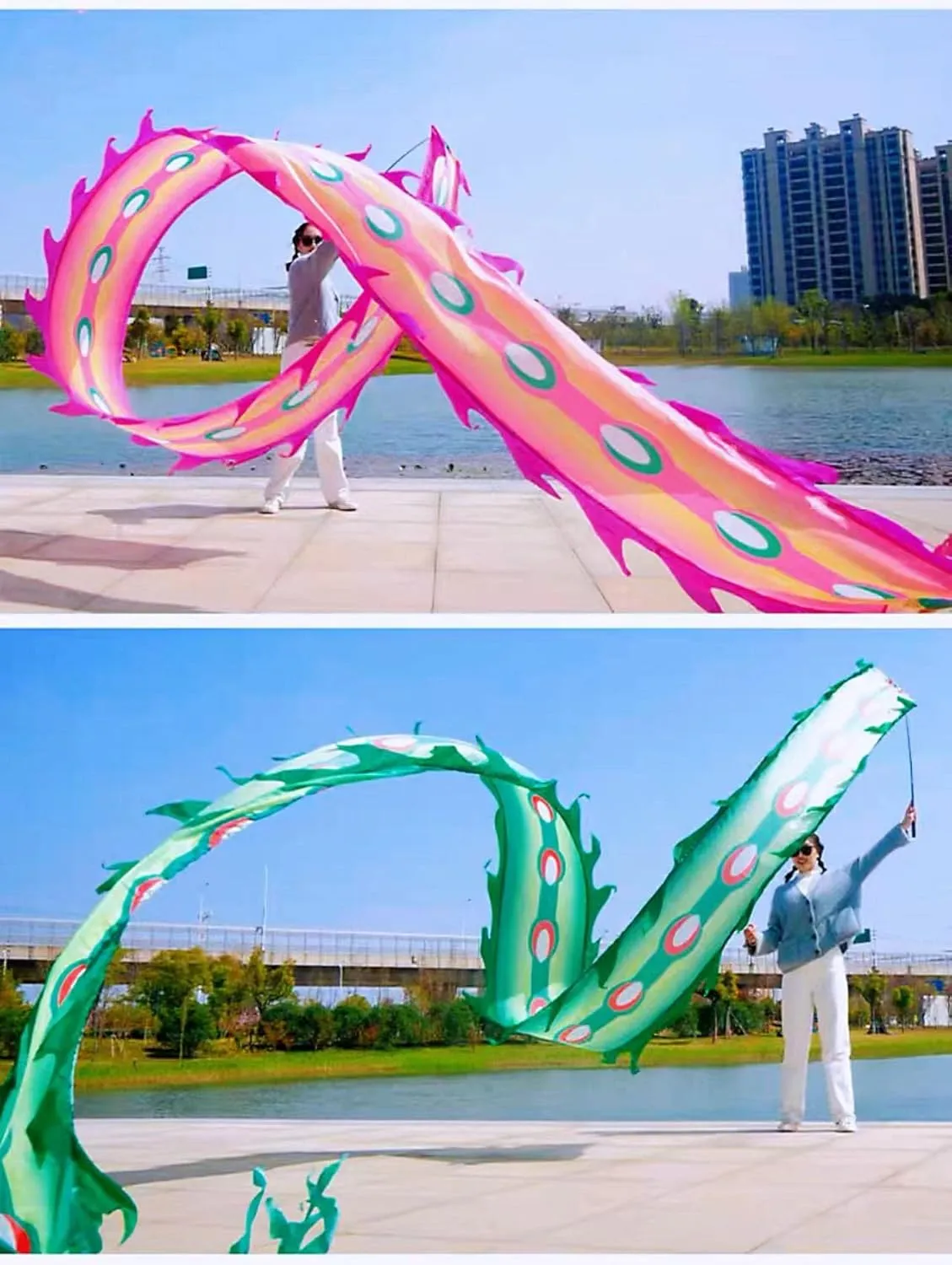 Square Exercise Dance Outdoor Flinging Fitness Dragon POI Wu Long 3D Real-Like Dragon Ribbon Streamer Set (19.6ft, Fire Phoenix)