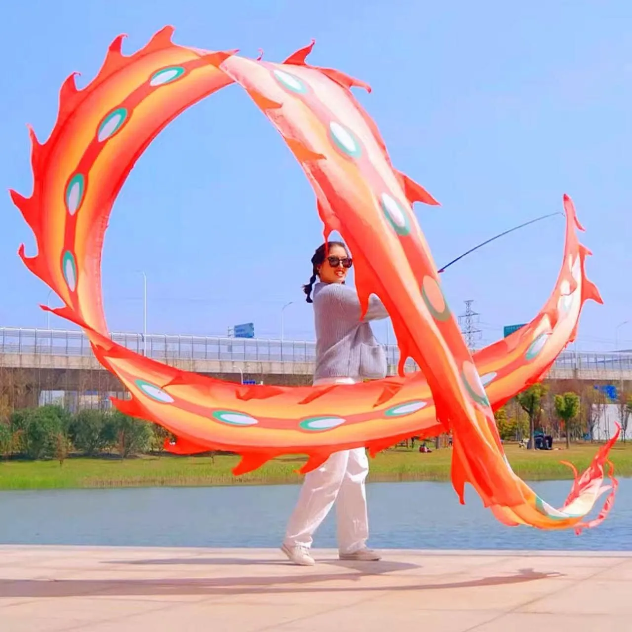 Square Exercise Dance Outdoor Flinging Fitness Dragon POI Wu Long 3D Real-Like Dragon Ribbon Streamer Set (19.6ft, Fire Phoenix)