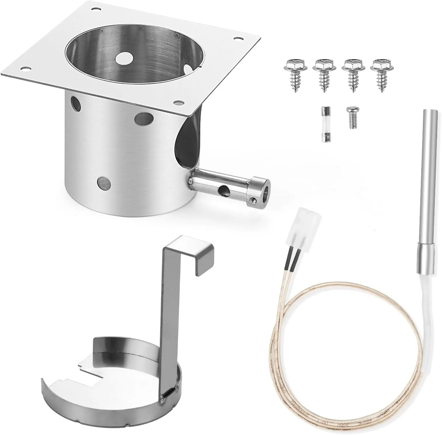 Stainless Steel Fire Burn Pot and Hot Rod Ignitor Kit for Traeger and Pit Boss,Camp Chef Pellet Grills, Heavy Duty Fire Pot Burner Pot Pellet Grill Replacement Parts with Ash Remover, Screws and Fuse