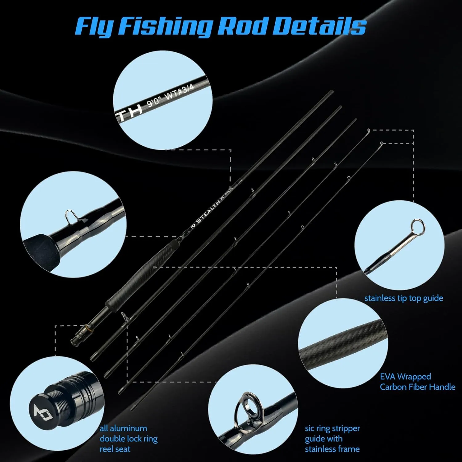 Stealth Fly Fishing Rod Combo Starter Kit, 30T Carbon Fiber Graphite Fly Rods with Die-cast Aluminum Reel and Fly Fishing Accessories