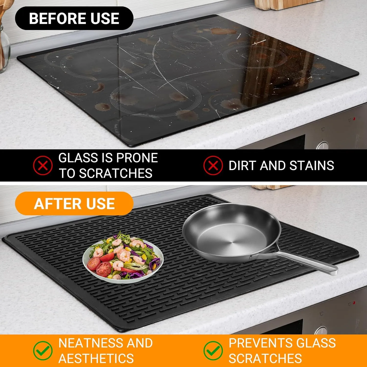 Stove Top Covers for Gas Burners - 36" x 21" Silicone Stove Mat for Electric Stove, Stove Guard Silicone Mats for Kitchen Counter Heat Resistant Glass Cooktop Cover,Dish Drying Mats for Kitchen-Black