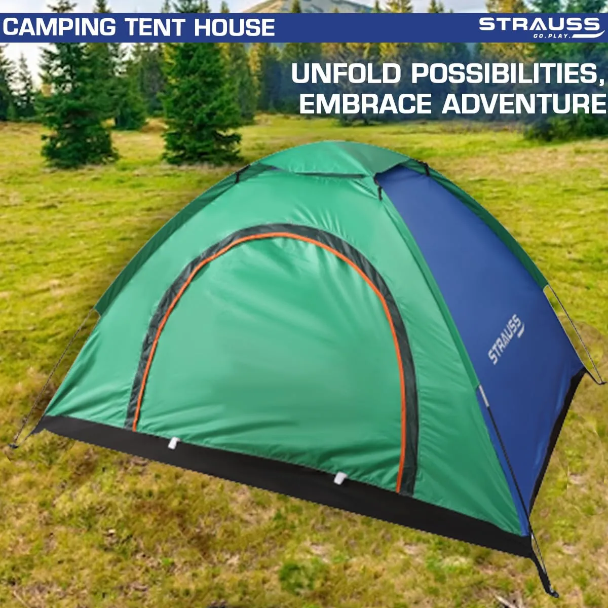 STRAUSS Portable Tent for Camping | 5-10 Minutes Easy Setup | Ideal for Picnic, Hiking & Trekking | Waterproof and Windproof Tent for Camping | Ideal for 2 Persons,(Blue and Green)