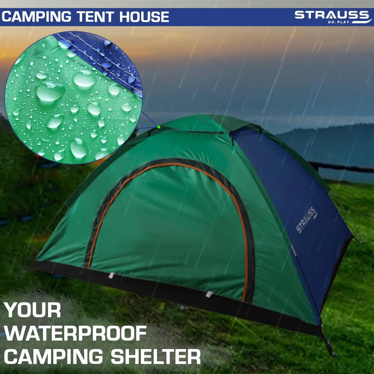 STRAUSS Portable Tent for Camping | 5-10 Minutes Easy Setup | Ideal for Picnic, Hiking & Trekking | Waterproof and Windproof Tent for Camping | Ideal for 2 Persons,(Blue and Green)
