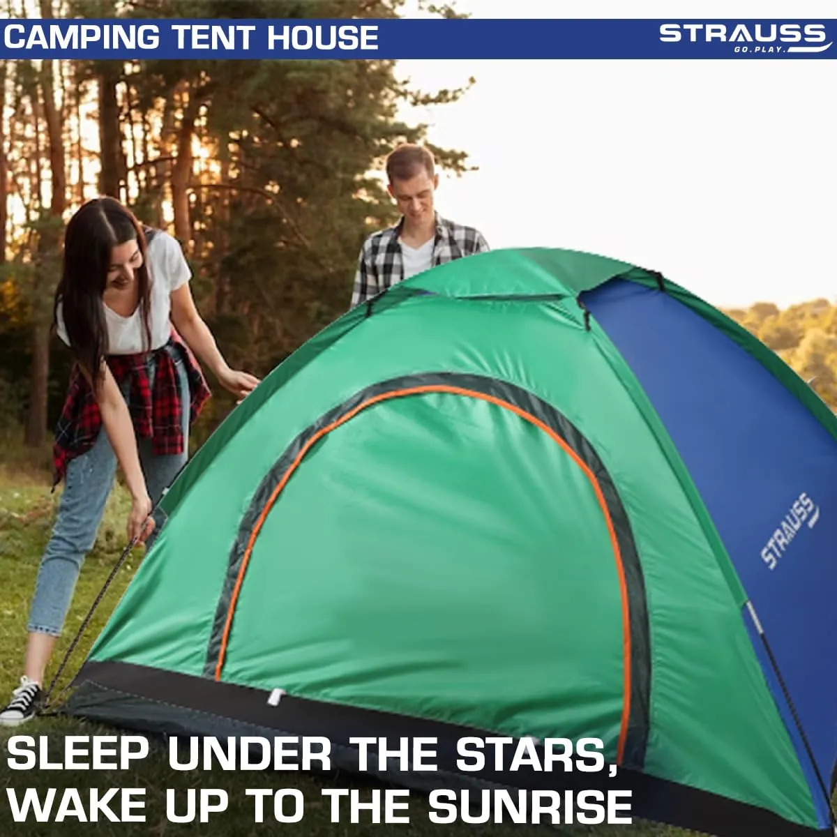 STRAUSS Portable Tent for Camping | 5-10 Minutes Easy Setup | Ideal for Picnic, Hiking & Trekking | Waterproof and Windproof Tent for Camping | Ideal for 2 Persons,(Blue and Green)