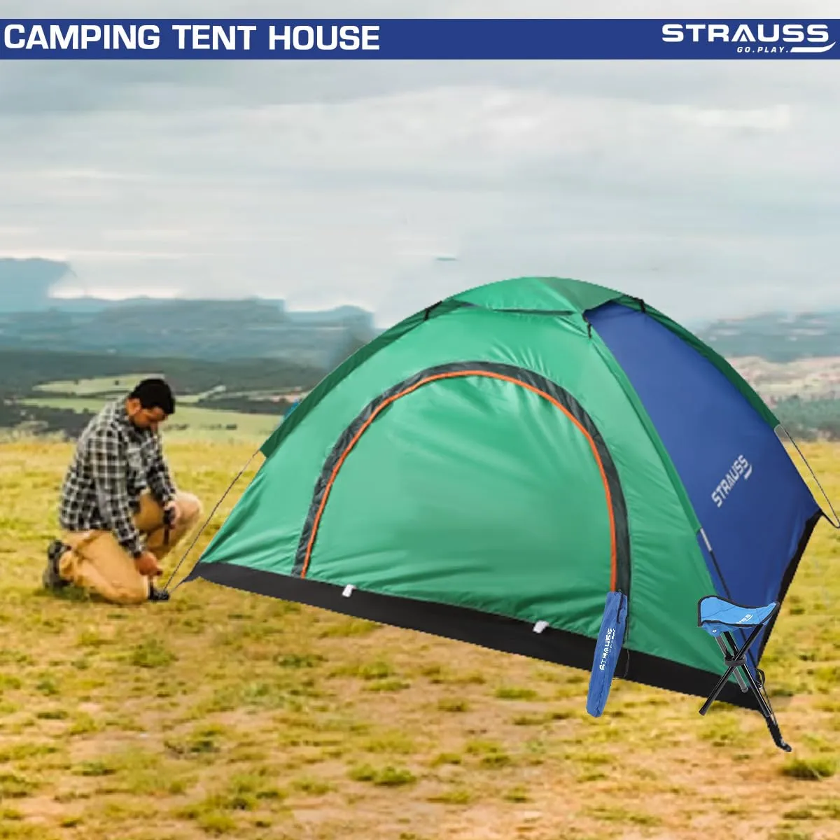 STRAUSS Portable Tent for Camping | 5-10 Minutes Easy Setup | Ideal for Picnic, Hiking & Trekking | Waterproof and Windproof Tent for Camping | Ideal for 2 Persons,(Blue and Green)