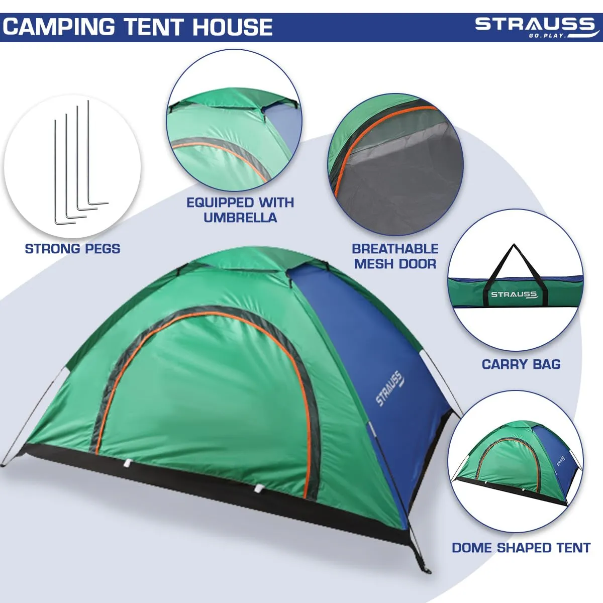 STRAUSS Portable Tent for Camping | 5-10 Minutes Easy Setup | Ideal for Picnic, Hiking & Trekking | Waterproof and Windproof Tent for Camping | Ideal for 2 Persons,(Blue and Green)