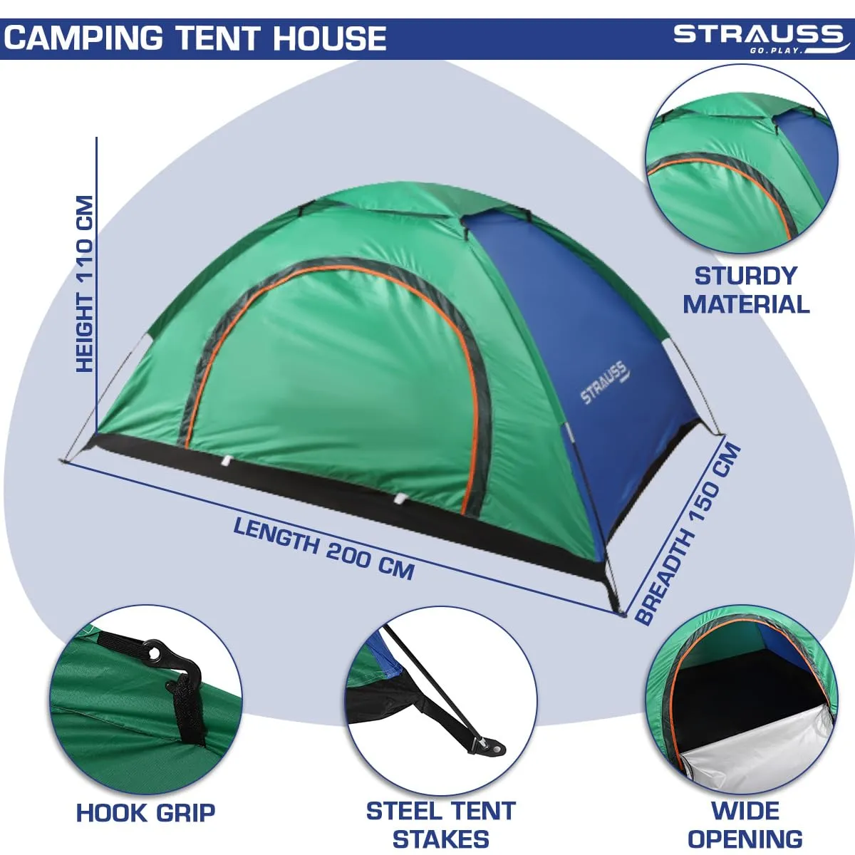 STRAUSS Portable Tent for Camping | 5-10 Minutes Easy Setup | Ideal for Picnic, Hiking & Trekking | Waterproof and Windproof Tent for Camping | Ideal for 2 Persons,(Blue and Green)