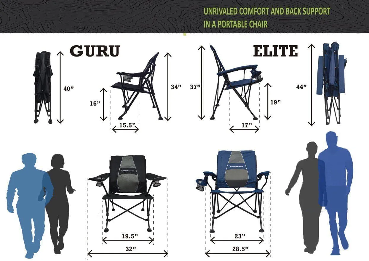 STRONGBACK Elite Folding Camping Lawn Lounge Chair Heavy Duty Camp Outdoor Seat with Lumbar Support and Portable Carry Bag - Navy/Grey