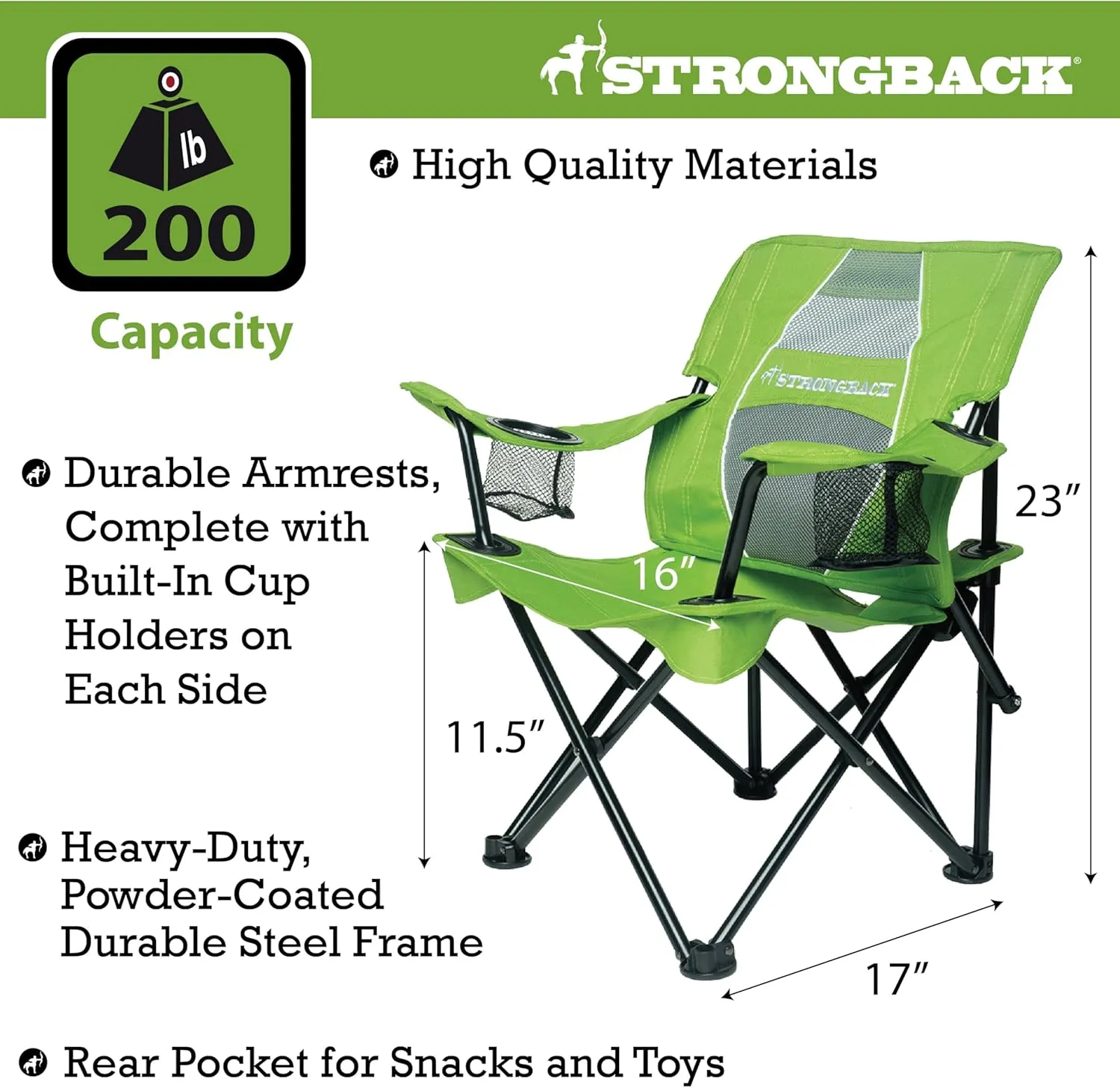 STRONGBACK Prodigy - Kids Folding Heavy Duty Camping Chair with Lumbar Supportive Ergonomics and Portable Carry Bag, Lime Green