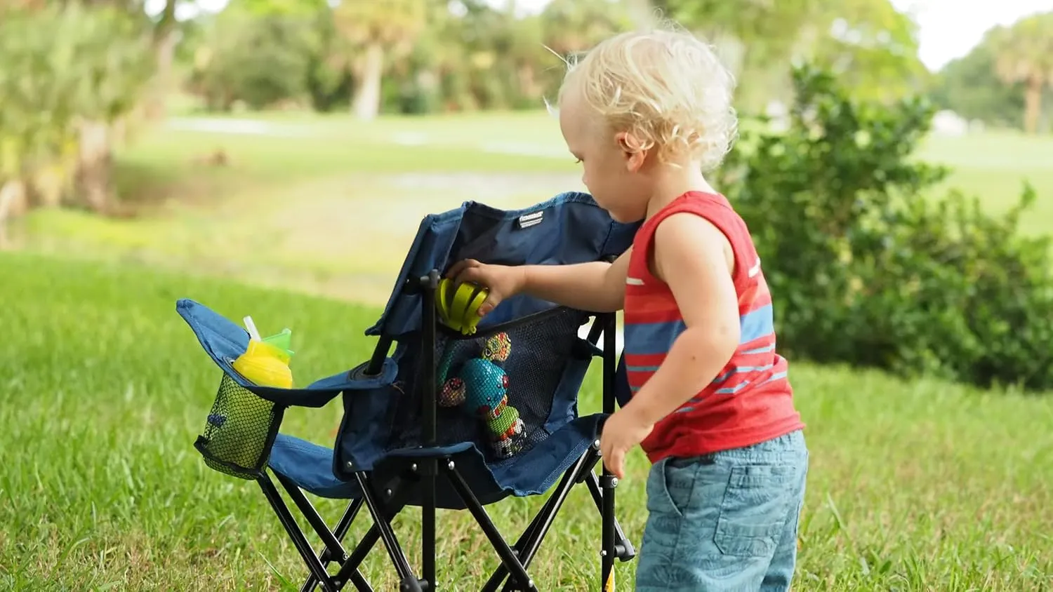STRONGBACK Prodigy - Kids Folding Heavy Duty Camping Chair with Lumbar Supportive Ergonomics and Portable Carry Bag, Navy Blue