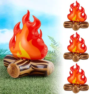 Sumind 4 Pieces of 12 Inch Inflatable Campfire Props Fake Camping Party Campfire Party Scene Decoration, Indoor and Outdoor Camping Game Props Fire Inflatable for Boys Firewood Toys