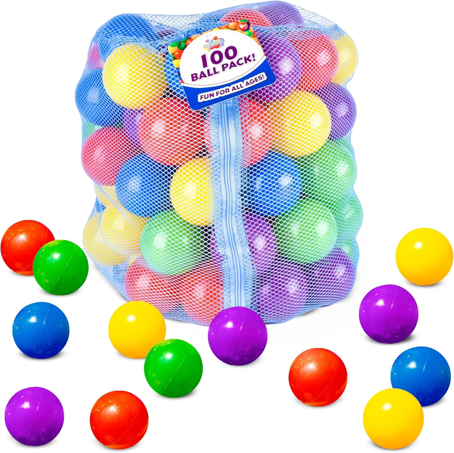 Sunny Days Entertainment 100 Count Multi Colored Play Balls – Phthalate and BPA Free Non-Toxic Crush Proof Plastic Ball Pack - Balls for Toddler Ball Pit in Reusable Storage Bag with Zipper