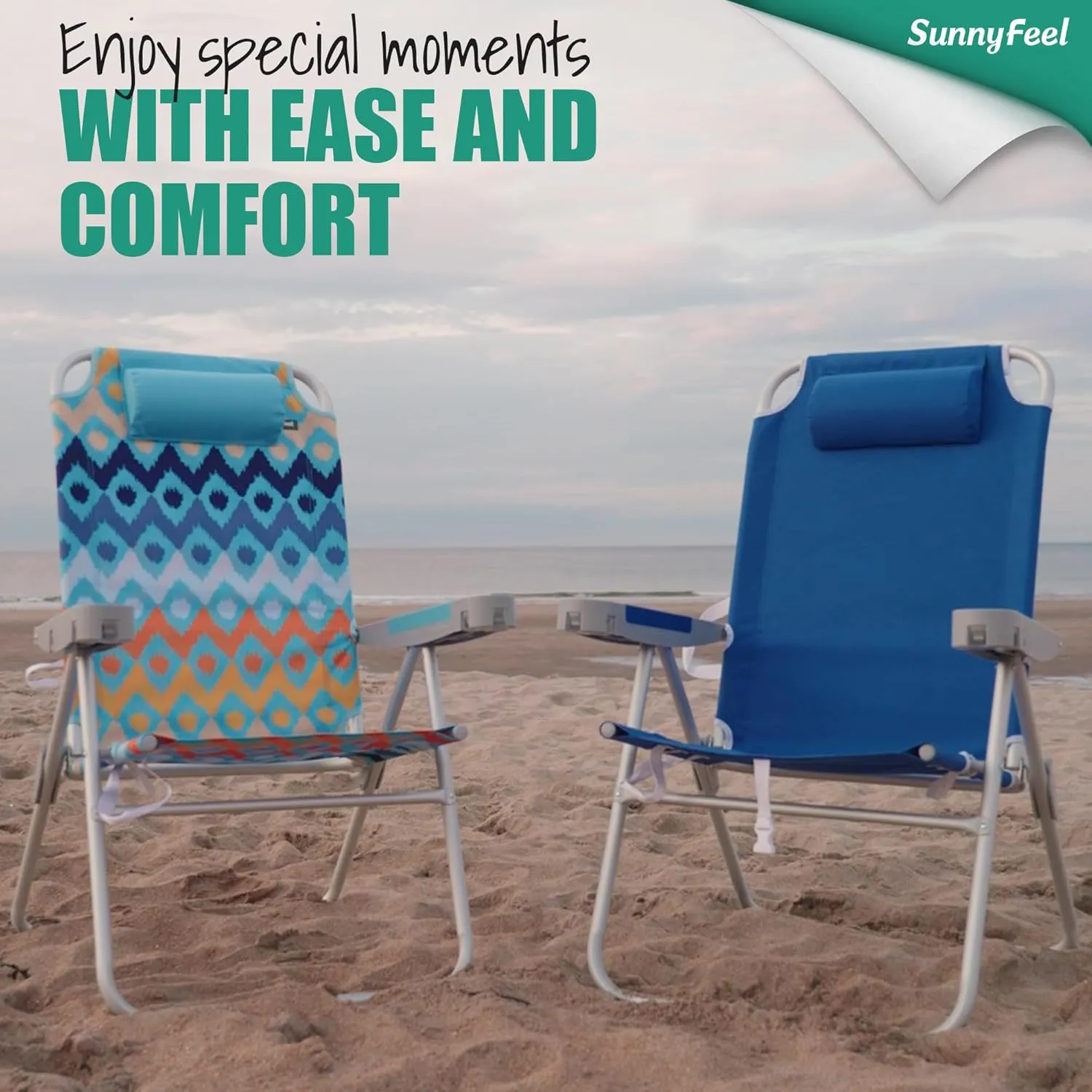 SUNNYFEEL 17" Tall Oversized Beach Chairs 2 Pack for Adults Heavy Duty 300 LBS, 5 Position, Portable High Folding Camping Chair with Cup Holder for Outdoor/Lawn/Trip, Foldable Sand Chairs for Adults