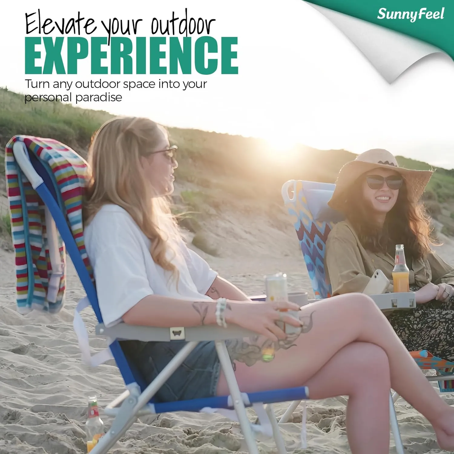 SUNNYFEEL 17" Tall Oversized Beach Chairs 2 Pack for Adults Heavy Duty 300 LBS, 5 Position, Portable High Folding Camping Chair with Cup Holder for Outdoor/Lawn/Trip, Foldable Sand Chairs for Adults