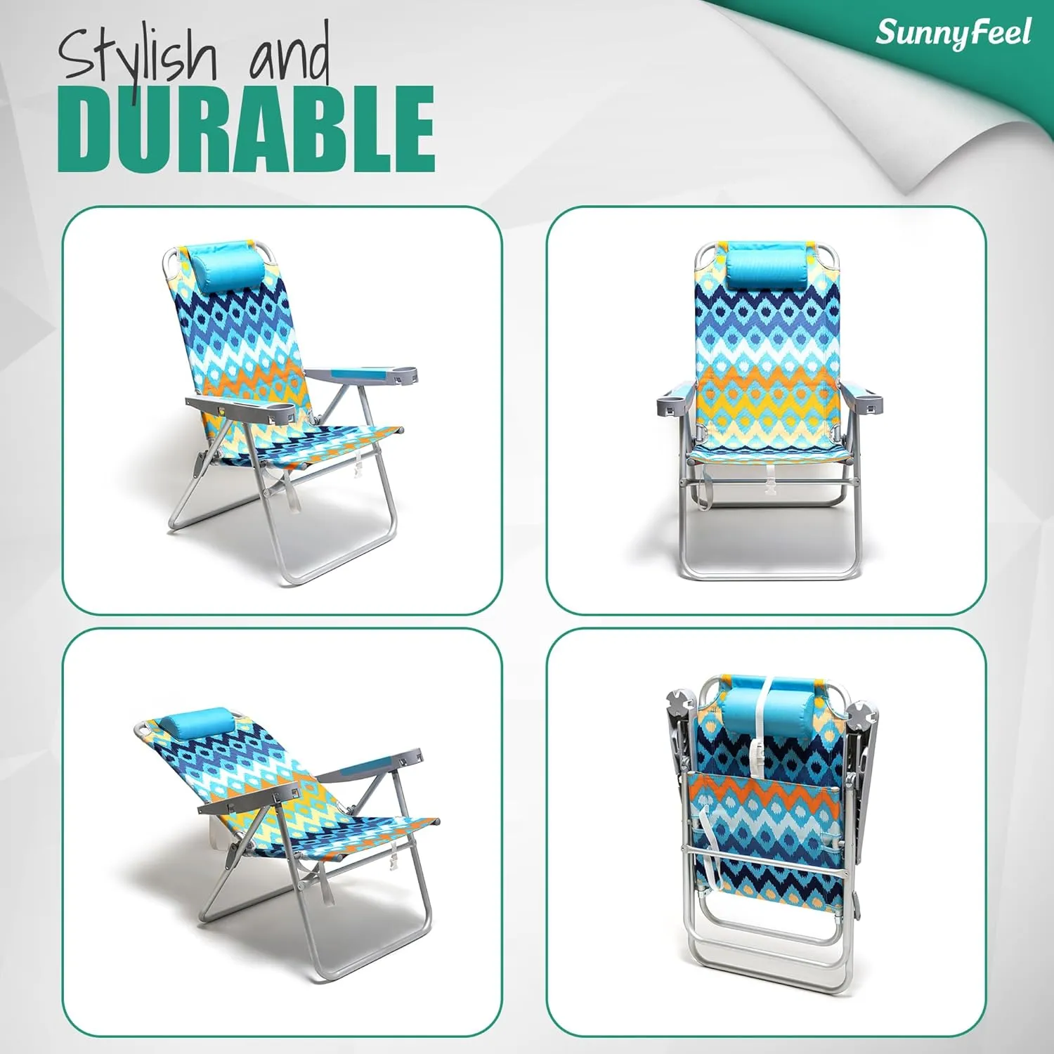 SUNNYFEEL 17" Tall Oversized Beach Chairs 2 Pack for Adults Heavy Duty 300 LBS, 5 Position, Portable High Folding Camping Chair with Cup Holder for Outdoor/Lawn/Trip, Foldable Sand Chairs for Adults