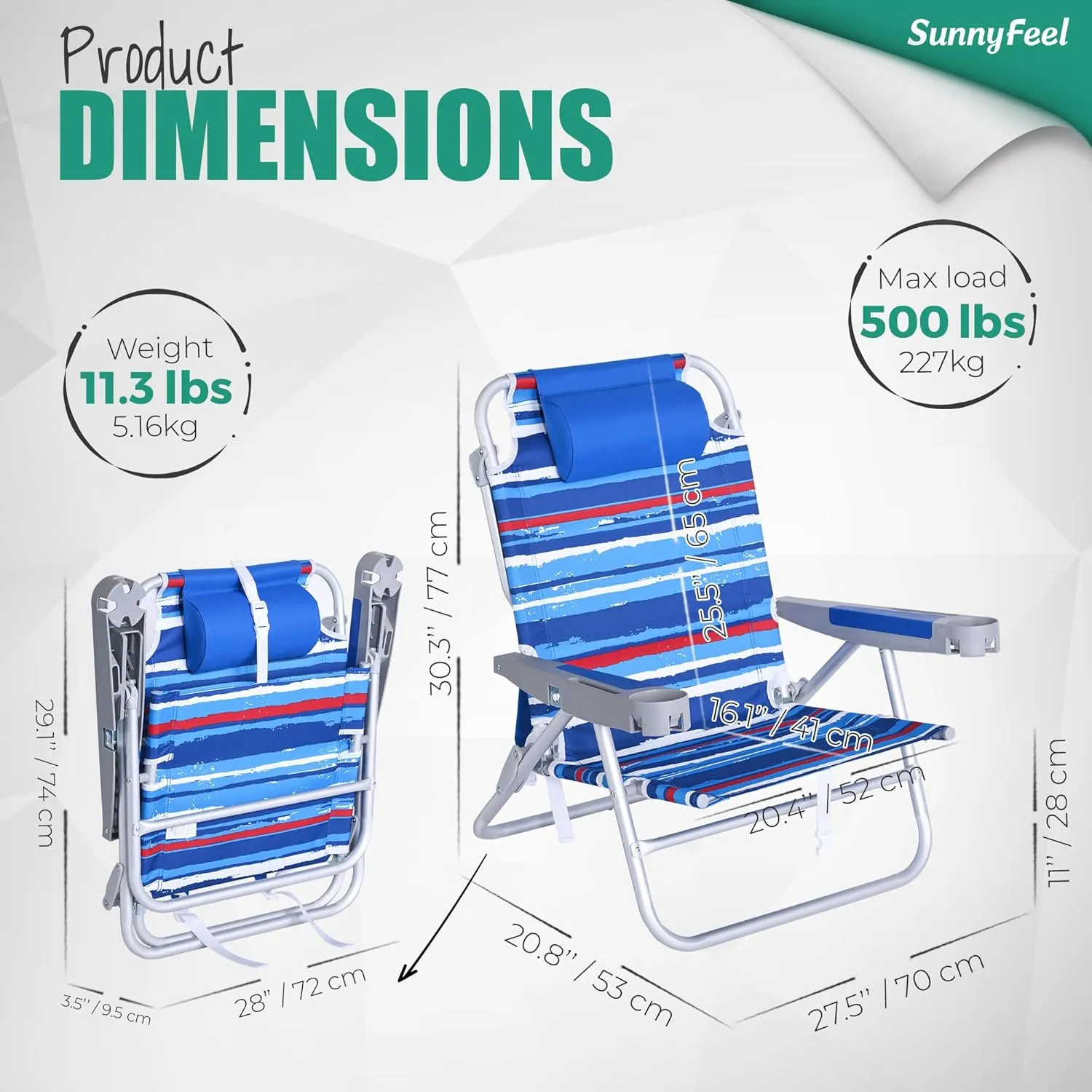 SUNNYFEEL Extra Wide Low Beach Chair 5 Position Lay Flat 500 LBS Heavy Duty, XL Oversized Portable Folding Camping Chairs with Cup Holder for Outdoor/Trip, Lightweight Backpack Beach Chair for Adults