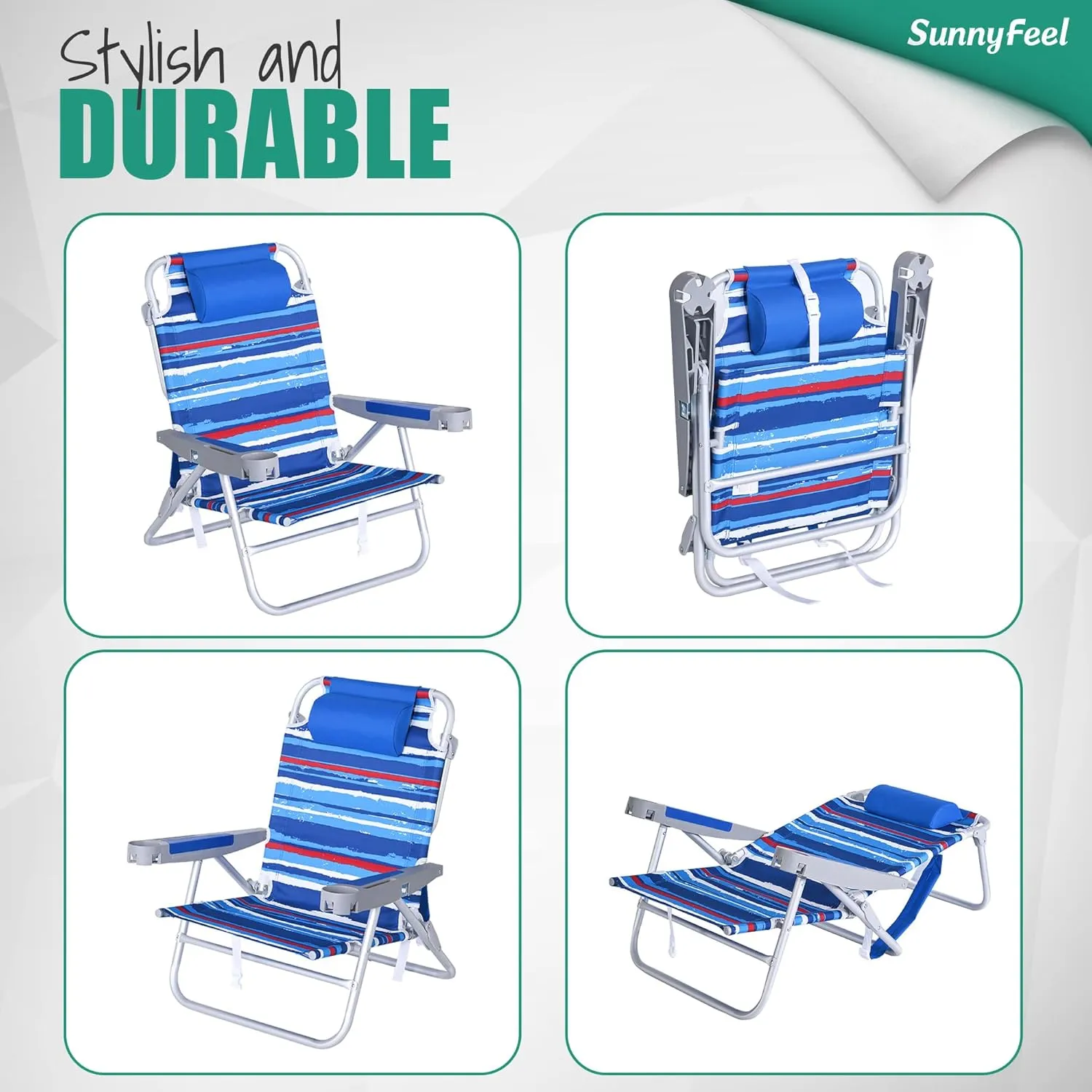 SUNNYFEEL Extra Wide Low Beach Chair 5 Position Lay Flat 500 LBS Heavy Duty, XL Oversized Portable Folding Camping Chairs with Cup Holder for Outdoor/Trip, Lightweight Backpack Beach Chair for Adults